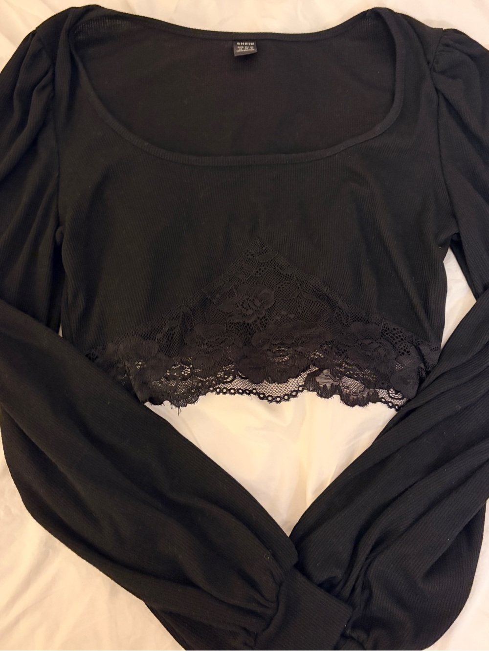 Free with purchase  Black Ribbed Scoop Neck Long Sleeve Crop Top with Lace Hem